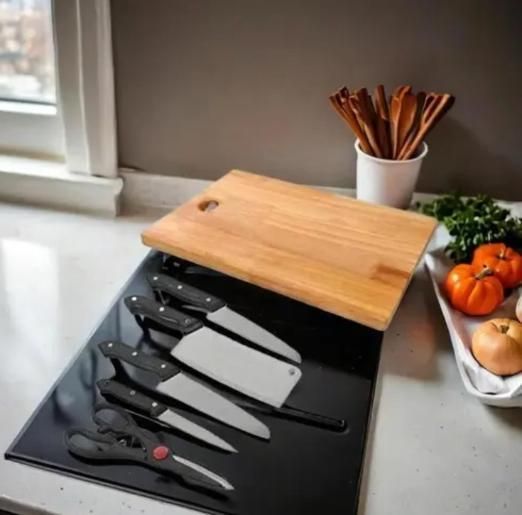 Wooden Chopping Board with 5-Pcs Stainless Steel Knife Set